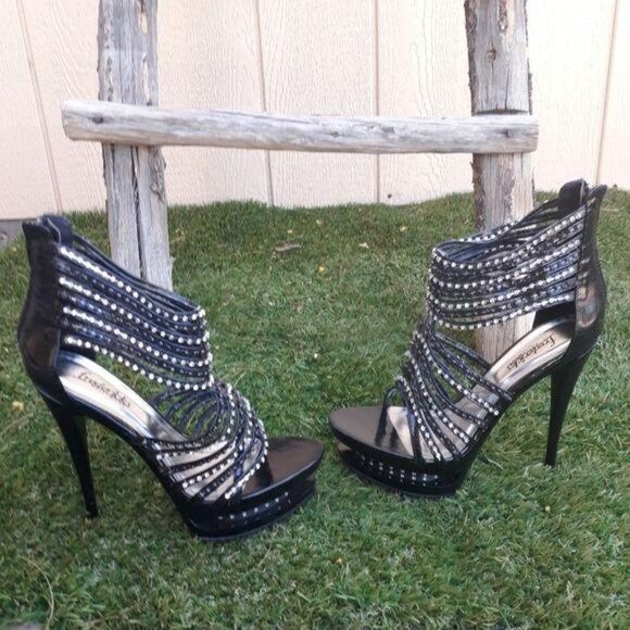 Fredericks Platform Studded Rhinestone Strappy Ankle‎ Wrap Stiletto Heels Sz 8 - Picture 6 of 8
